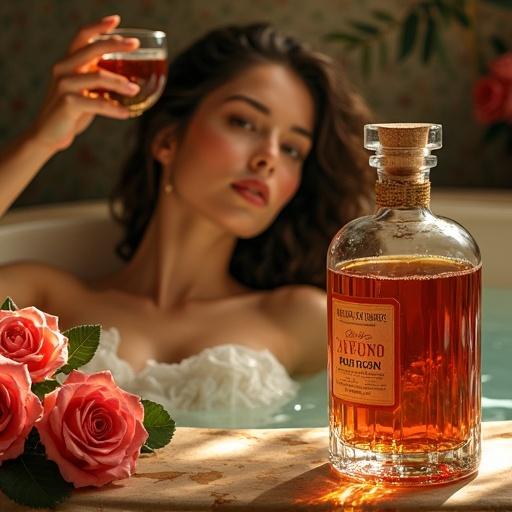 A luxurious spa scene with a Germanic goddess. Surrounded by roses in a serene atmosphere. An elegantly designed bottle of herbal liqueur is placed prominently. The goddess raises a cocktail glass in toast. The ambiance is golden and warm, giving a sense of opulence and grandeur. Attention to detail reminiscent of classic Renaissance art.