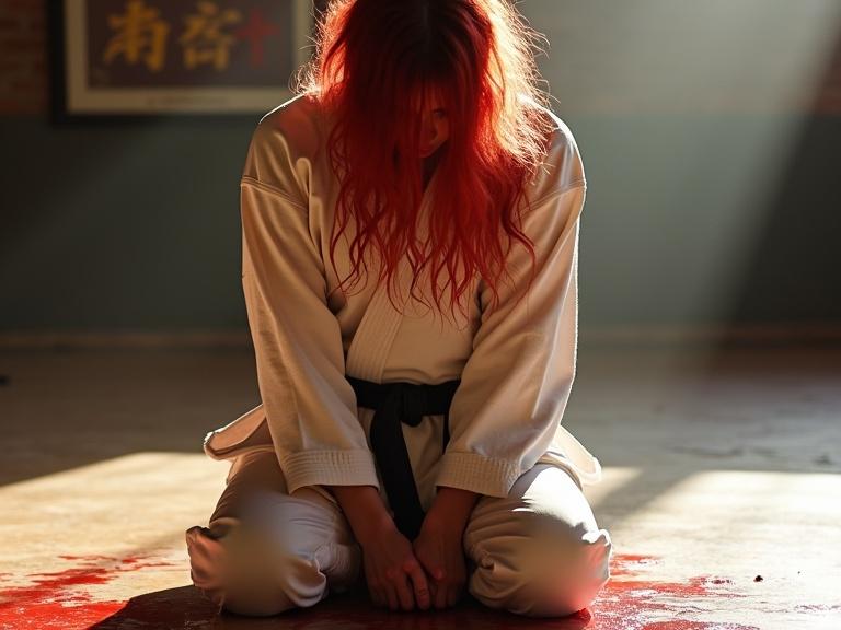 A female karate fighter kneels in a dojo. Her red hair is wet and messy. She is wearing a white karate gi stained with blood. Sunlight shines down onto the floor. The atmosphere is intense and emotional.