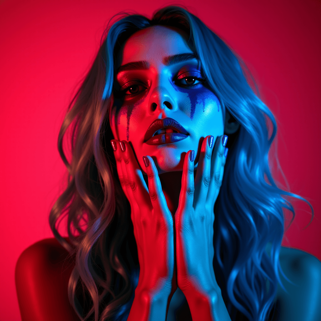 A person with dramatic blue and red lighting has paint running down their face, creating an intense and artistic visual effect.