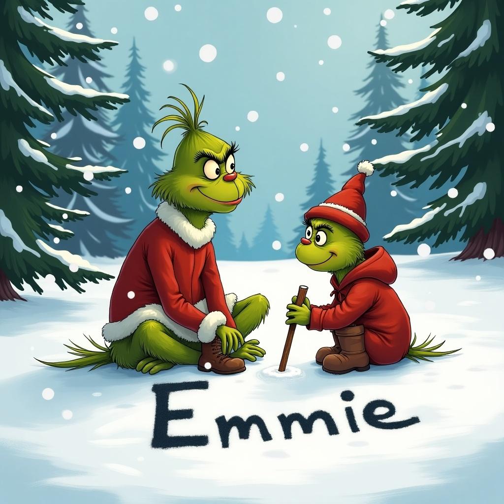 The Grinch sits on the snowy ground with Max. They are writing Emmie in the snow. Trees surround them with snow falling. Grinch wears a red outfit. Max sits beside him.