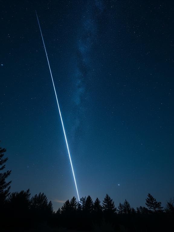 Starry night sky displaying a shooting star against a backdrop of trees. Scene symbolizes hope and dreams through the ambiance of the night. Captured using long exposure techniques for realism and detail.