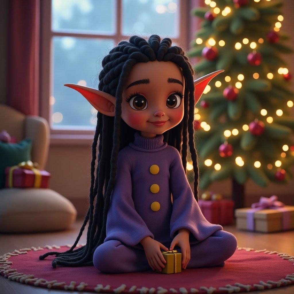 Cute girl elf with pointed ears sits in Christmas scene. Brown skin long dreadlocks wearing purple. Holding a present.