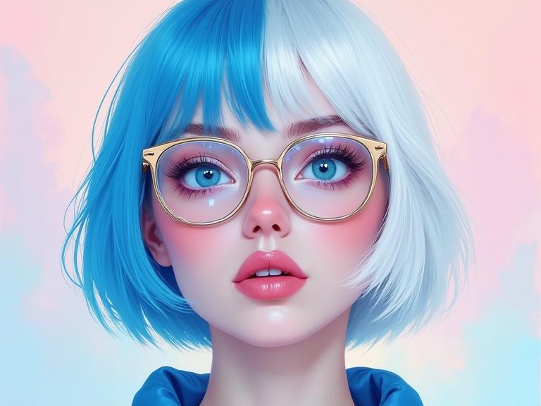 Digital illustration of a woman with blue and white bob hair. Soft pastel background enhances her unique look. Blue eyeshadow on one side and white makeup on the other zeigt duality. Quiet confident expression completed by glasses. Features are delicate and strikingly styled. Background includes pastel pinks and creams that don’t overpower. Art combines modern aesthetics with Nordic elements.