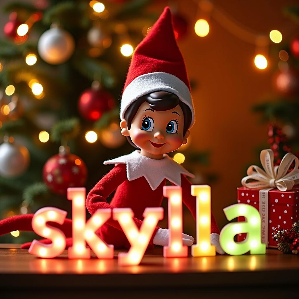 A cheerful elf on the shelf is featured in a vibrant Christmas scene. The elf is dressed in a festive red and white outfit. Joyfully, the elf writes the name 'Skyla' using colorful lit letters. In the background, there is a beautifully decorated Christmas tree and twinkling lights that enhance the holiday spirit. The warm atmosphere captures the essence of Christmas magic, making it suitable for family celebrations and personalized gifts.