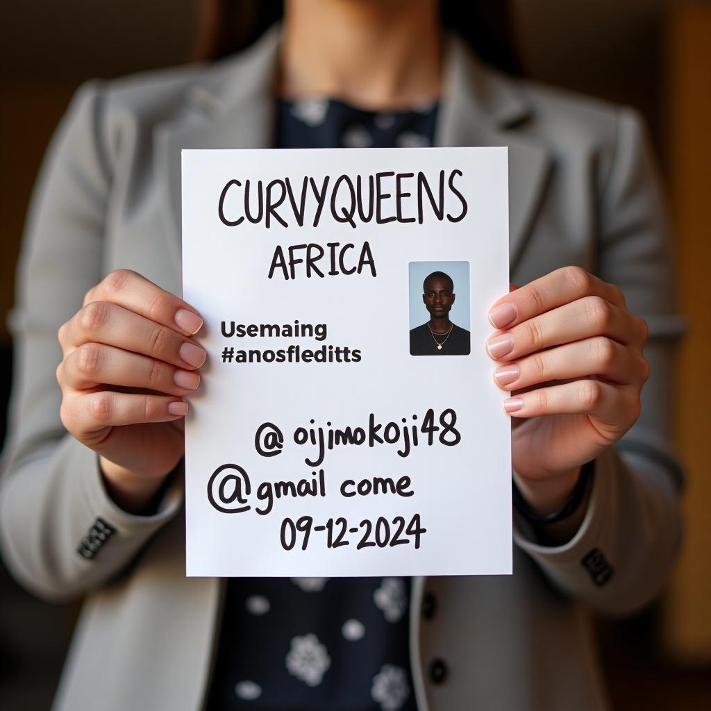 Photo of person holding a piece of paper with username CURVYQUEENS AFRICA and the date 09-12-2024 visible. Handwritten email ojijokojijo48@gmail.com included. Arm and hand must be fully visible in the photo.