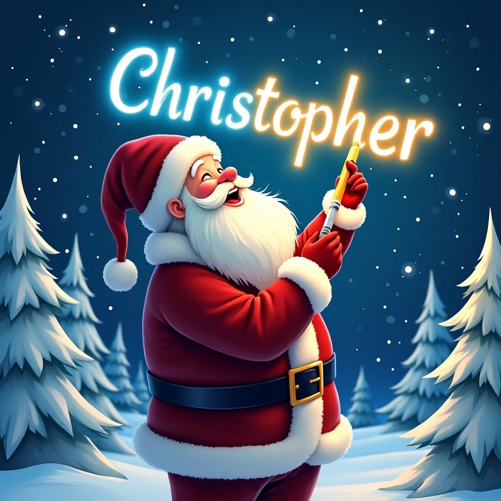 A beautiful Christmas-themed illustration features Santa Claus in a wintry landscape. He stands amidst snow-covered trees, joyfully gazing upwards as he writes the name 'Christopher' in vibrant, glowing letters. Santa is clad in his classic red and white outfit, holding a magical pen that emits light. The background sparkles with twinkling lights, enhancing the festive mood. This charming scene exudes holiday spirit and the joy of personalized celebration, making it ideal for Christmas-themed projects.