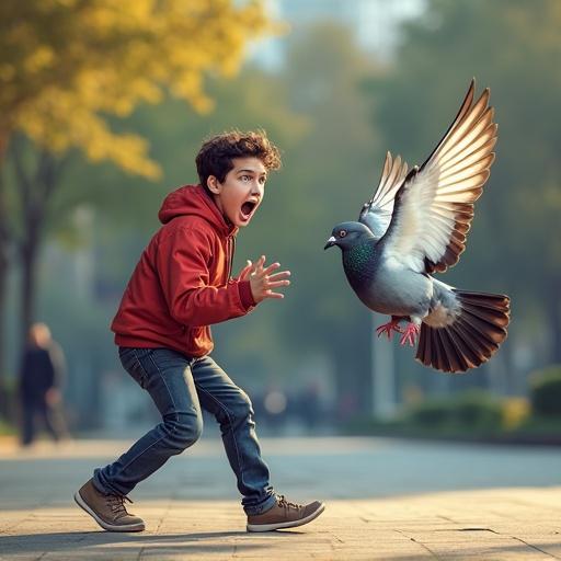 A startled boy in an urban park, expressing surprise while recoiling from a flapping pigeon. The scene contains dramatic motion blur on the bird, with a comic style to emphasize the boy's exaggerated scared expression.