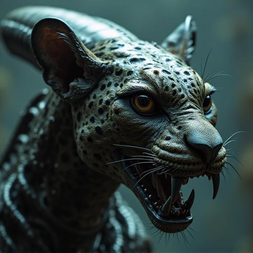 Generate a creature combining features of a leopard and xenomorph creating a hybrid with detailed textures and glowing eyes.