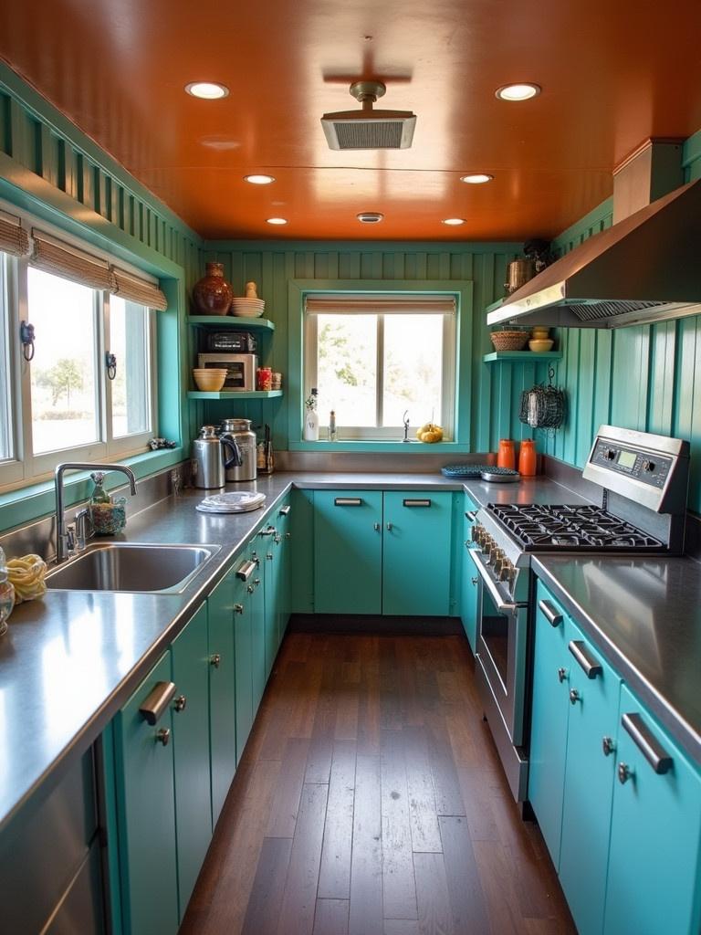 Image shows an organized commercial kitchen inside a shipping container. Kitchen lacks stove and oven. Features ample freezer storage. Includes prep counters and sinks. Natural light enters through secure windows. Decorated with inviting colors. Designed for functionality.