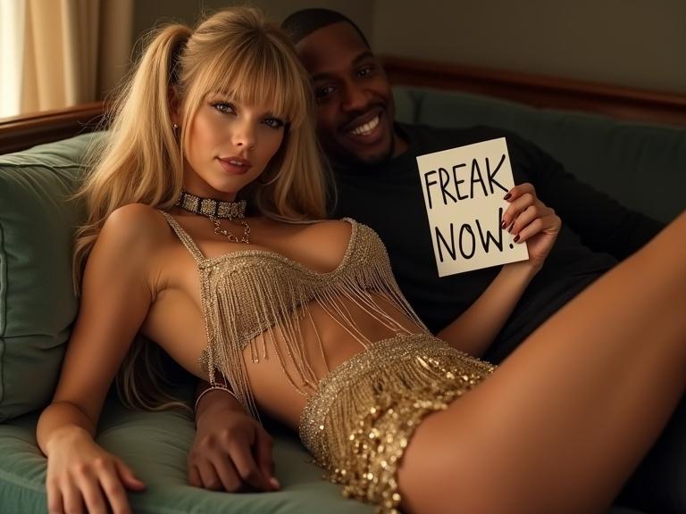 Close-up shot of a beautiful woman dressed in a stylish gold fringe dress. She lies on a couch with her partner. Her outfit showcases deep cleavage and a short miniskirt. Legs are visible and she wears high heels. A dog collar adorns her neck. She holds a sign that reads 'Freak Now'. Her expression is cheerful and engaging. The background is a cozy motel room.