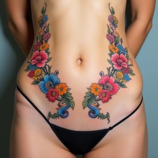 Colorful symmetrical floral tattoo on a woman's abdomen. Flower garlands extend from the hips down to the bottom of the abdomen. Brightly colored flowers with minimal foliage. One garland ends with a blue or pink Clitoria ternatea flower; the other ends with a snake head. Harmonious and feminine design with flowing lines. Created in an artistic style rich in color and anatomically fitting.