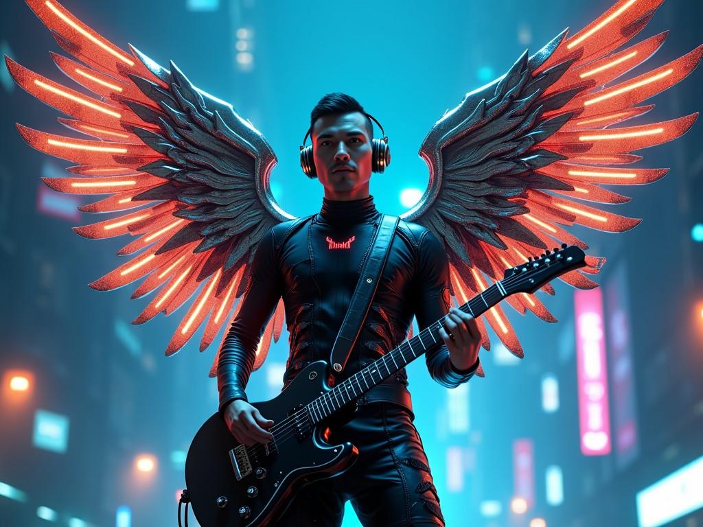 This digital artwork showcases a futuristic scene where a man with large, illuminated angel wings is playing an electric guitar. The wings are vibrantly lit, casting a striking neon glow that contrasts with the darker, urban backdrop of a city. He is dressed in black leather, adding a rebellious edge, and wears large headphones, suggesting a personal immersion in music.