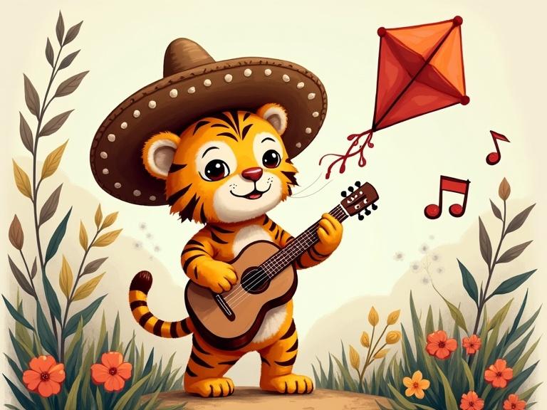Cute stuffed tiger cub wearing a sombrero plays a guitar. The tiger cub is flying a kite shaped like a music note. Floral elements surround the cub, creating a cheerful ambiance.