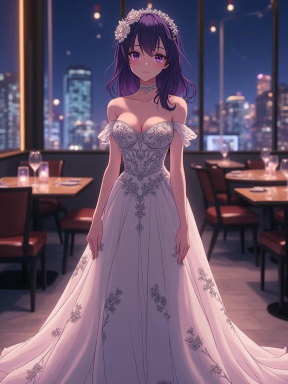 Front view, breathtaking anime woman with dark violet hair and captivating dark violet eyes stands gracefully in a luxurious sky lounge at night. Her long off-white off-the-shoulder gown features intricate silver floral patterns. Her posture exudes relaxed refinement with a gentle smile. The ambiance is of sophisticated elegance, softly lit, with a dazzling city view through a grand window.