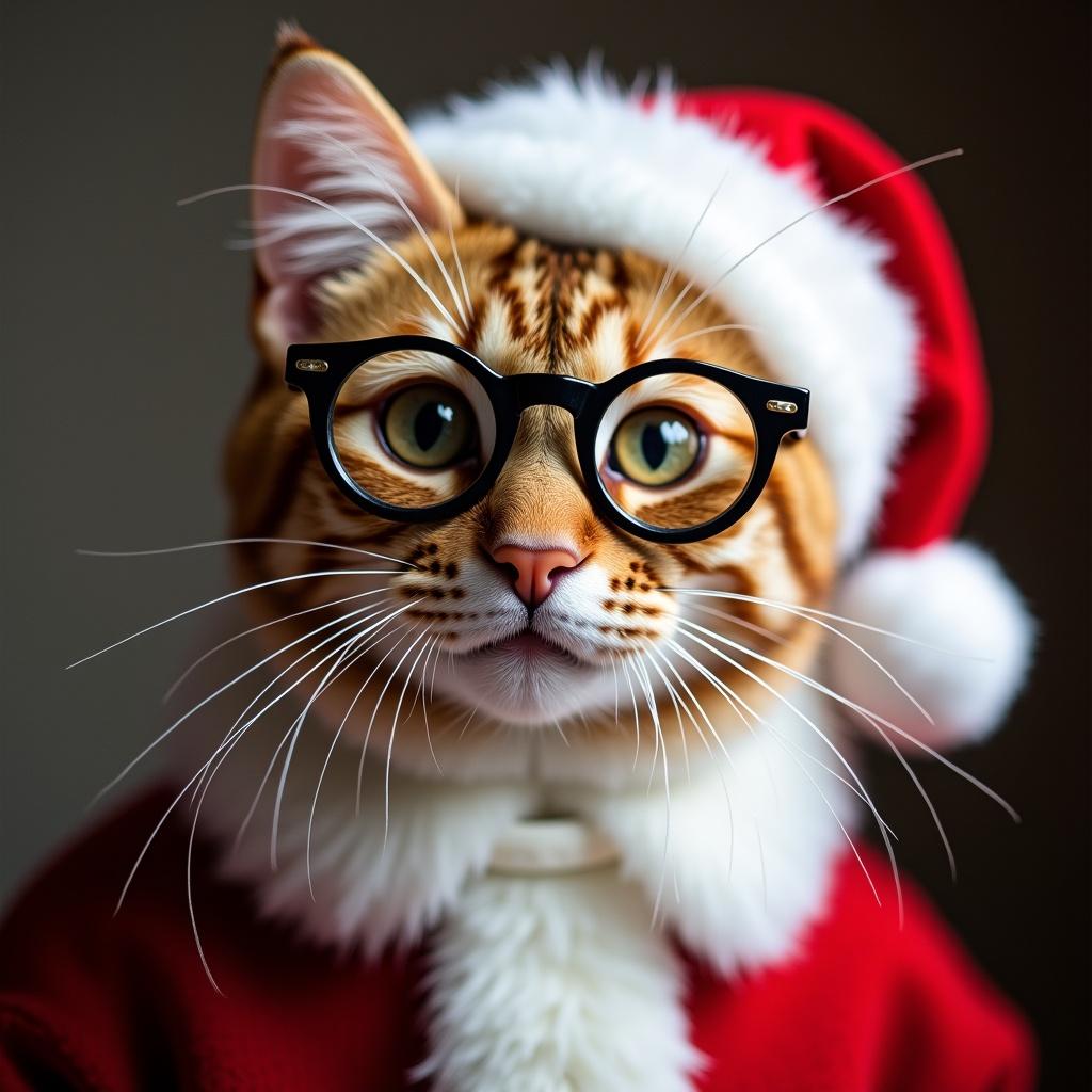 Photo shows a cat smiling. Cat is dressed in a red Santa Claus outfit. Cat wears Lennon glasses. Background is soft focused. Image is warm and inviting.