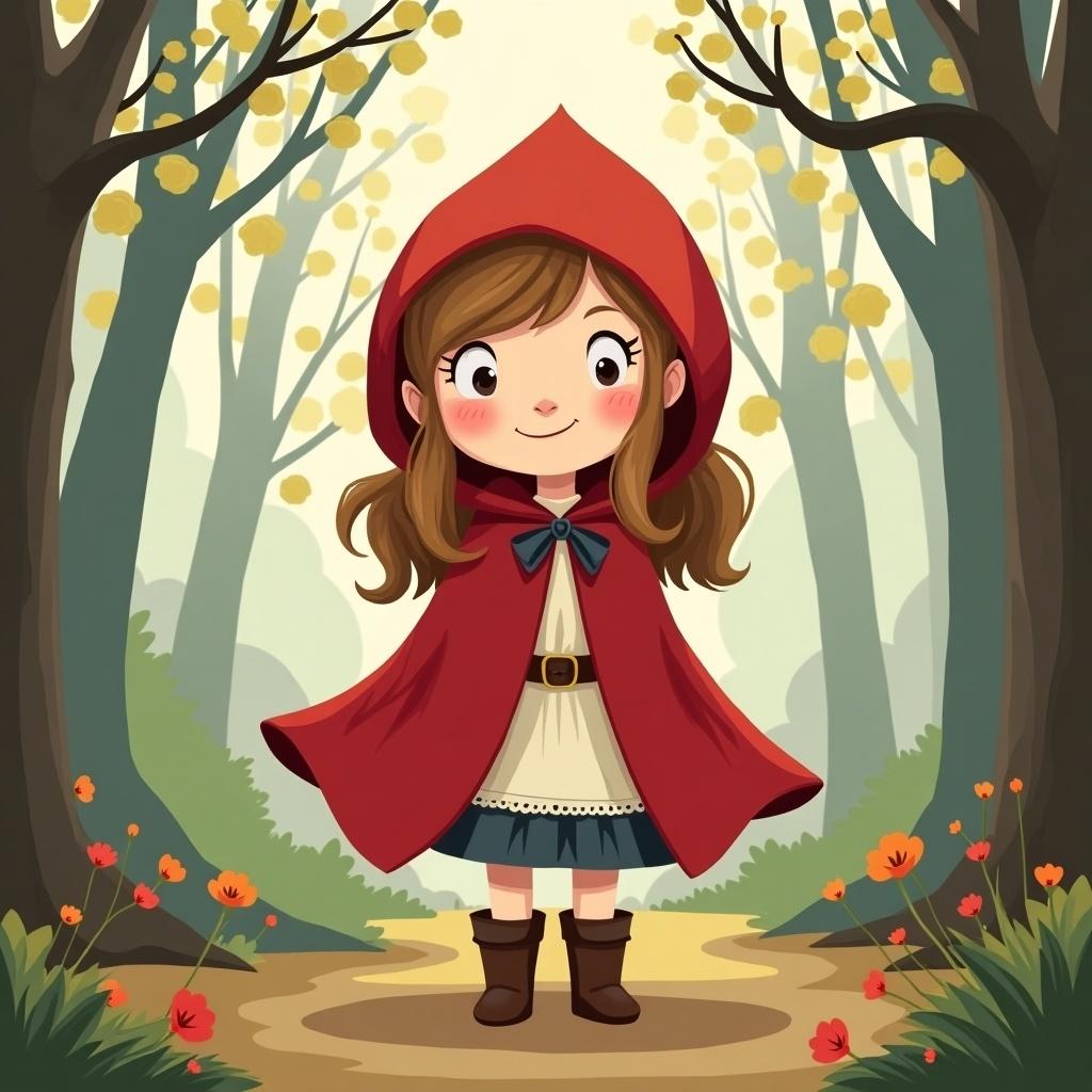 Cutesy little Red Riding Hood in a cartoon style. Character stands in a whimsical forest with trees and flowers. Bright colors and friendly design.