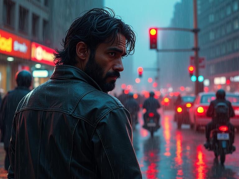 Rainy city atmosphere with heavy traffic. Vehicles and bikers are stopped at a signal. Neon signs light up the background. An Indian man looks back with a painful expression. Semi-artistic drawing style.