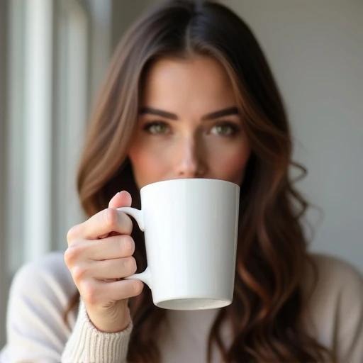 Attractive brunette woman holds a white cylindrical mug in right hand. She is set against a soft, natural lighting background. She wears a cozy sweater fitting into a relaxed home environment. The focus is on the mug and the warm atmosphere.