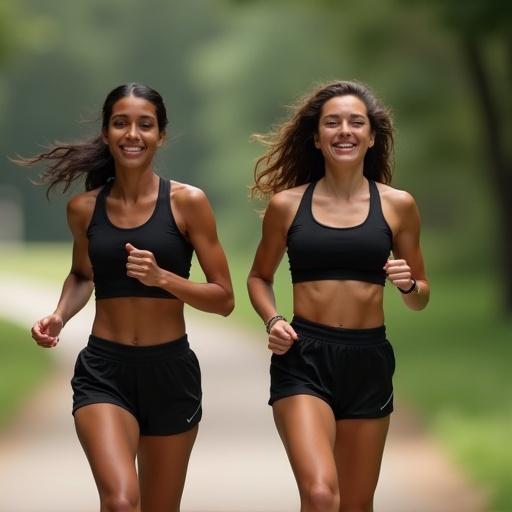 Two women running together in sporty attire. They are wearing black sports bras and running shorts. Natural setting with greenery around.