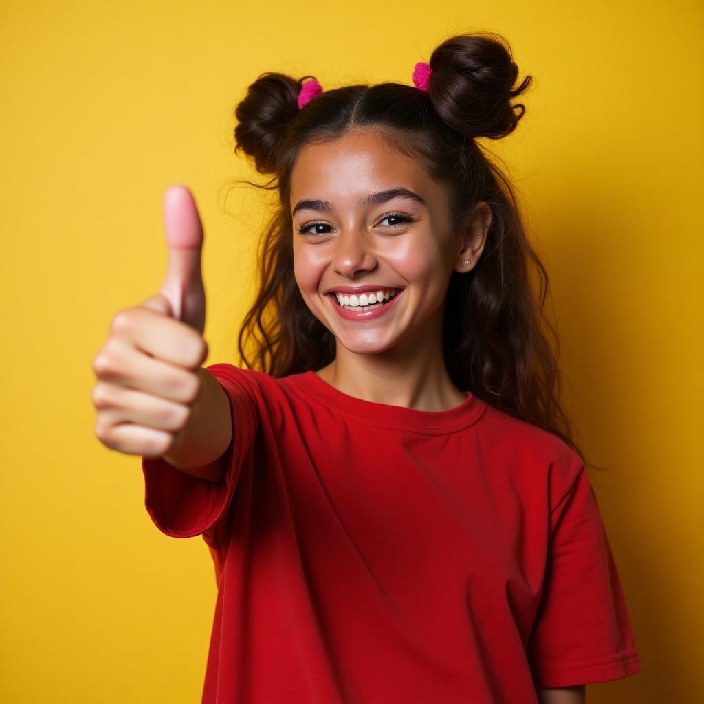 A person showing a thumbs up with their left hand wearing a red shirt against a yellow background. Captures a positive and friendly attitude in a bright, cheerful setting.