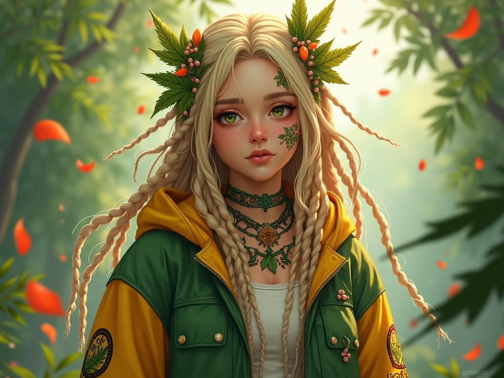 This image presents a super detailed depiction of a nature-inspired character. She has long blonde dreadlocks adorned with leaves, twine, and beads, symbolizing her deep connection to the natural world. Her facial expression is calm and introspective, highlighted by a leaf tattoo on her cheek, showcasing her alignment with nature. The character wears a unique two-toned green and yellow jacket, which features subtle botanical patterns and circular symbols on the sleeves, indicating a mystical influence. Additionally, her hands and neck are decorated with tattoos that harmonize beautifully with her outfit. The jacket’s pockets and hood are bursting with orange and green foliage, reinforcing the theme of growth and connection to nature. The background features soft, ambient lighting that filters through lush greenery, creating a peaceful atmosphere, while leaves and petals dance around her in the wind, emphasizing her unity with the elements.