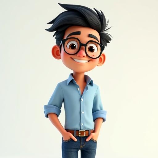 A charismatic character in their thirties has short spiky black hair and warm brown eyes that convey enthusiasm. There is a friendly smile. The character wears a light blue button-up shirt with rolled-up sleeves and dark jeans. Stylish glasses and loafers are part of their outfit. The character exudes a sense of approachability and confidence. This character is depicted in 3D animation and cartoon style.
