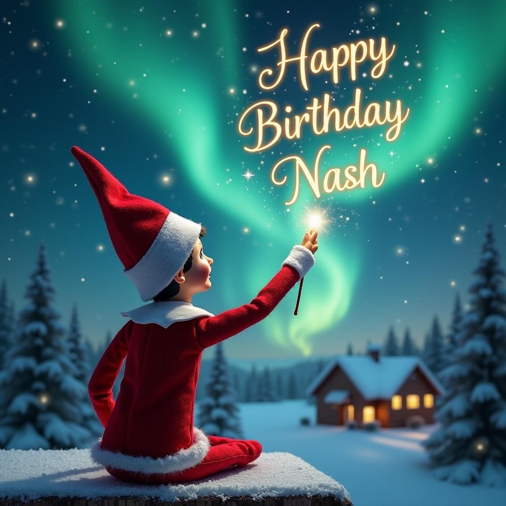 An elf on the shelf is sitting with its back to the viewer. The elf faces the sky and writes elegantly. A magical Christmas scene showcases northern lights and a cabin. Text in the sky says Happy Birthday Nash.