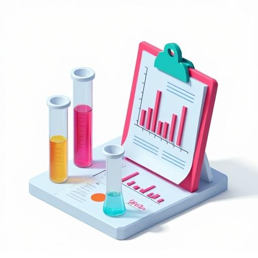 3D icon of laboratory test tubes with colorful liquids. Clipboard showing test results with medical graphs. Isometric style with clean shadows.