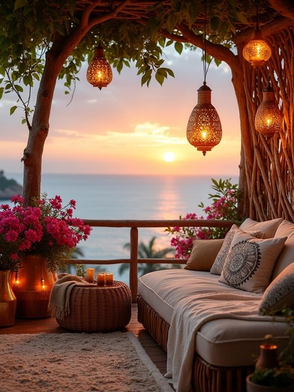 Cozy coastal seating area during a stunning sunset. Elevated terrace overlooking calm sea. Warm golden light from lanterns. Rustic bamboo furniture with cushions and pillows. Vibrant pink bougainvillea. Intimate, serene atmosphere.