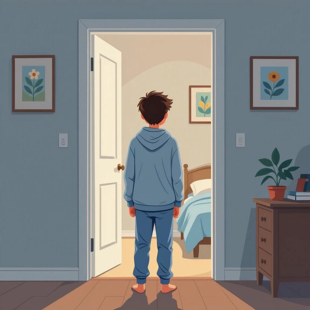 Teenager boy wears sleeping clothes. He stands in the door frame. Simple room appears in the background. Light illuminates the room warmly. 2D illustration style used.