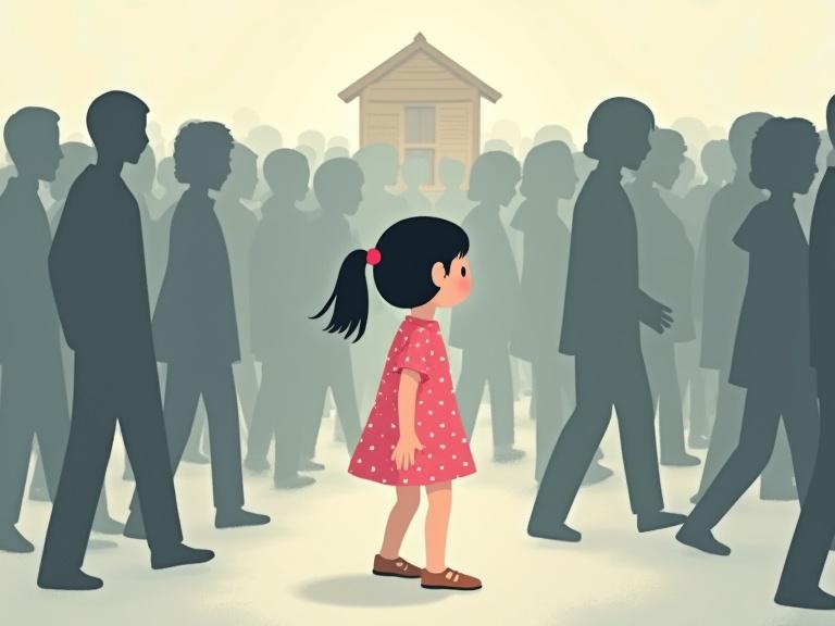 Digital illustration of a young girl lost in a surreal crowd. Girl in a pink polka-dotted dress with black hair in a ponytail. Confused and scared expression. Faceless gray silhouettes surrounding her. Hazy background for disorientation. Emphasis on confusion and loneliness.