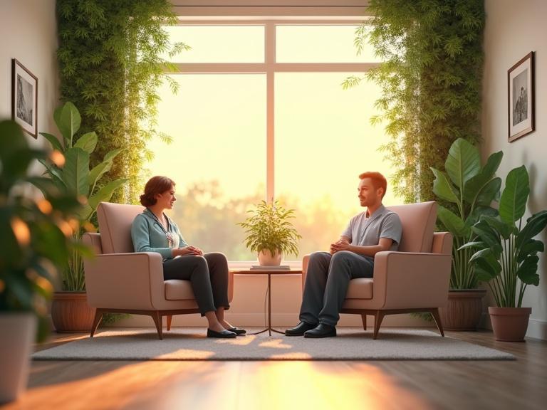 Cozy and comfortable doctor waiting room with green plants on walls. Two individuals seated in plush chairs at a small table. Magazines on the table. Warm sunrise lighting creates an inviting atmosphere.