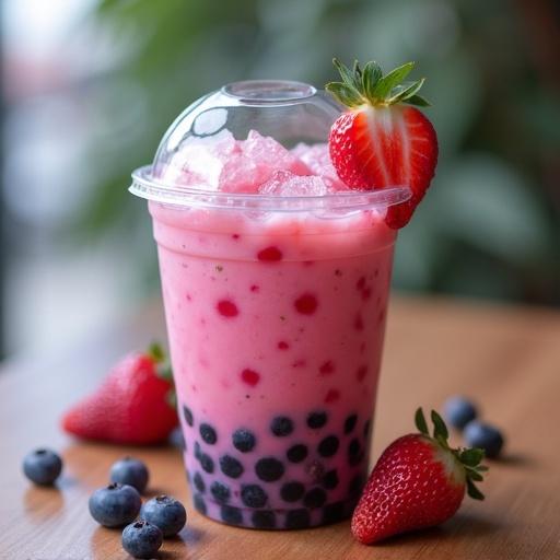 Bubble tea with blueberry base. Plastic cup filled with pink drink. Topped with strawberry and blueberry. Vibrant and refreshing appearance.