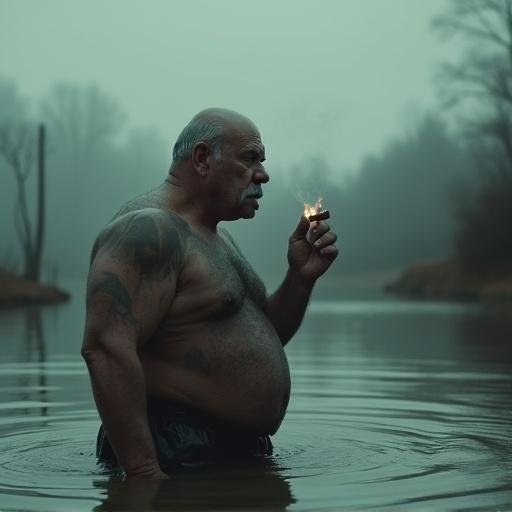 A stocky balding older man stands in a murky pond chest-deep. He holds a lit cigar and stares at the overcast sky. His brow is furrowed with tension. Dirty water ripples around him. Steam rises from the cigar. The atmosphere is moody and cinematic. There is a shallow depth of field and high contrast, with desaturated tones.