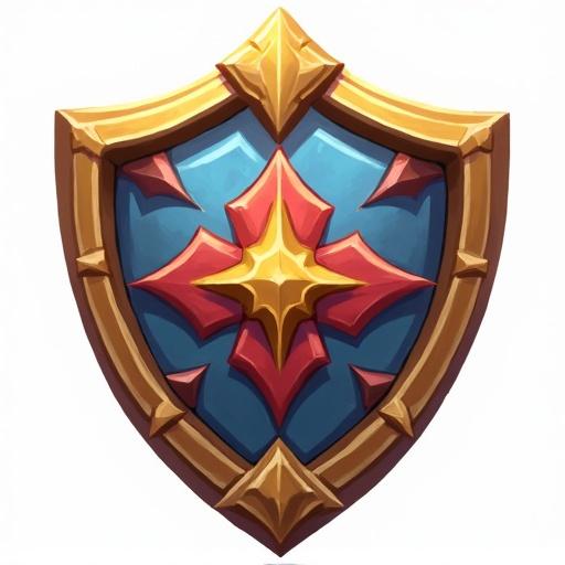 Icon of a royal shield designed for a card game featuring a flower symbol in the center. Size 48 x 48 pixels. Styled in the fantasy art style similar to World of Warcraft with a transparent background.