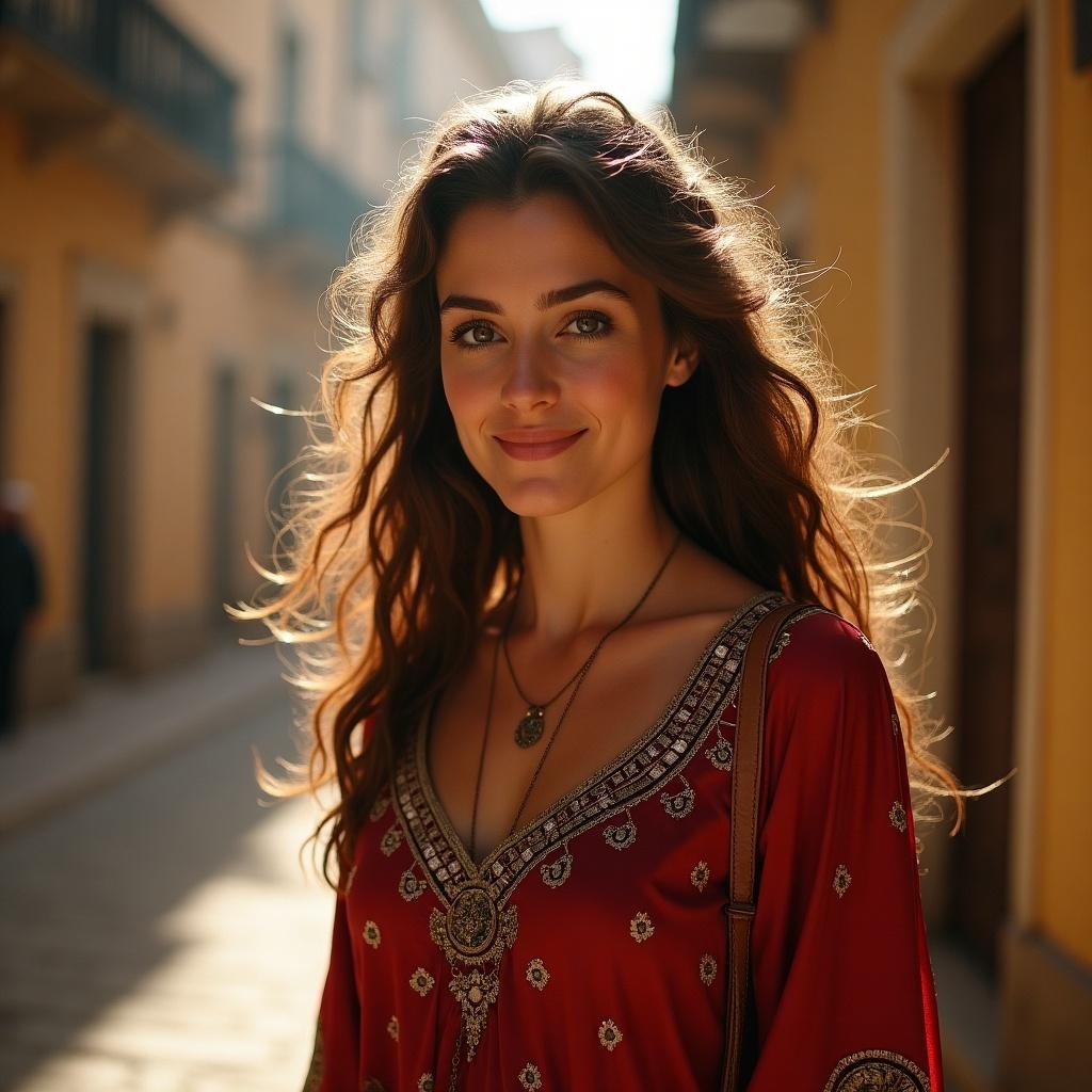 A vibrant street scene featuring a young woman. She has long, flowing hair and a warm smile. Her outfit is a striking red dress adorned with intricate patterns. The background showcases charming urban architecture under soft sunlight. The overall ambiance is lively and inviting, capturing a moment of joy and beauty in everyday life.