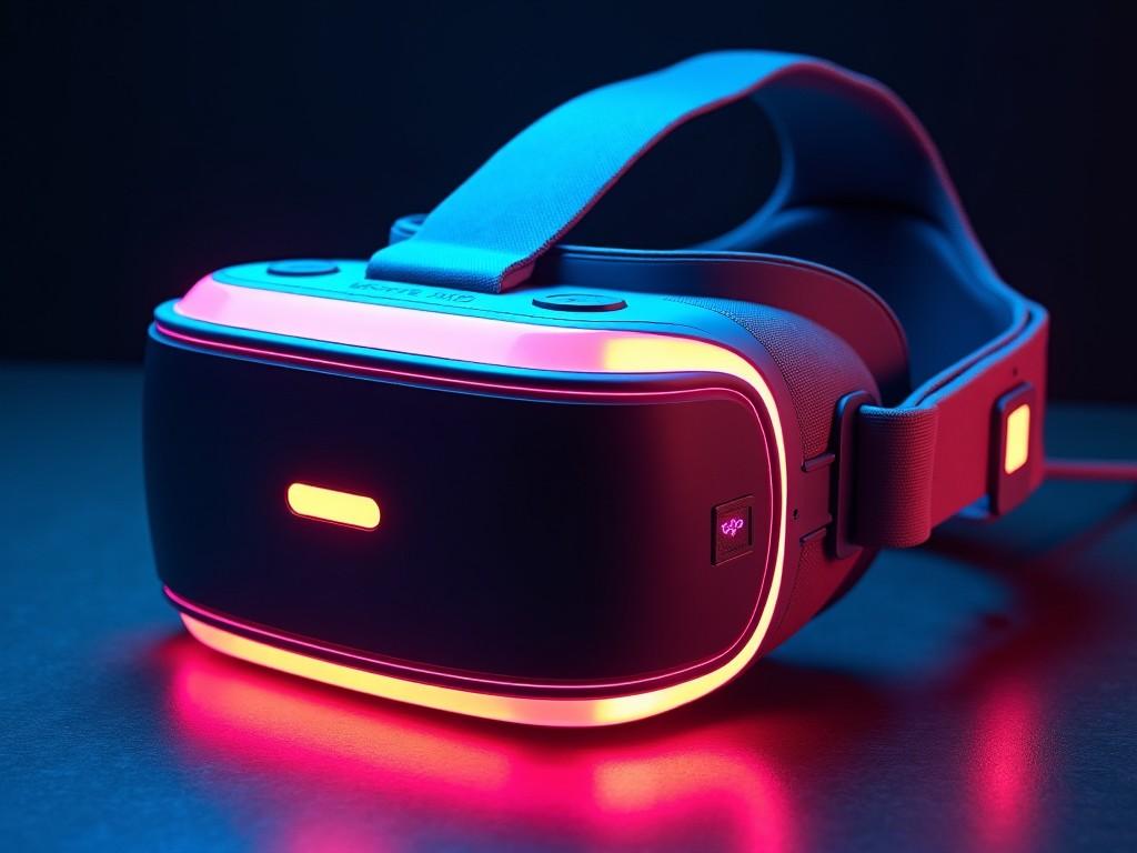 This image features a modern VR headset designed with a striking neon aesthetic. The headset showcases a sleek black body illuminated with vibrant neon lights, creating a futuristic appearance. A comfortable strap supports the device, allowing for prolonged use. This design reflects the latest trends in virtual reality technology. Ideal for showcasing in tech reviews or gaming presentations, it stands out with its unique color palette.