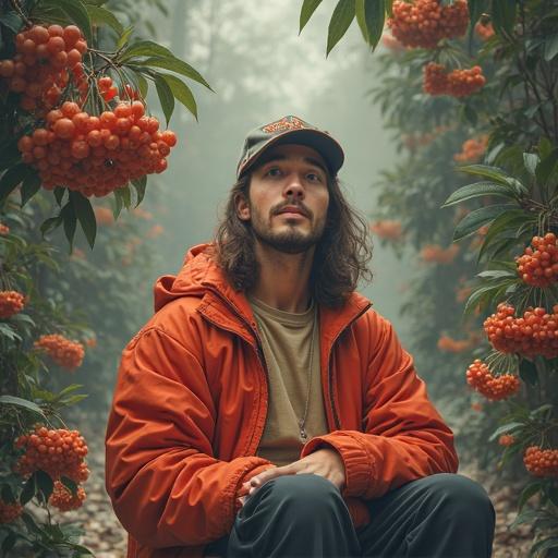 Photo of a man in nature wearing an orange jacket sitting among berry plants in a misty environment