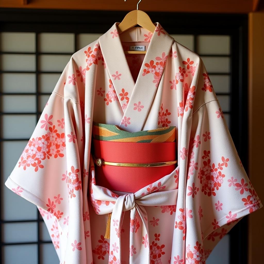 A floral patterned kimono for females is displayed on a wooden hanger. The kimono has pink and red flowers with a green and red obi. The background includes a shoji screen.