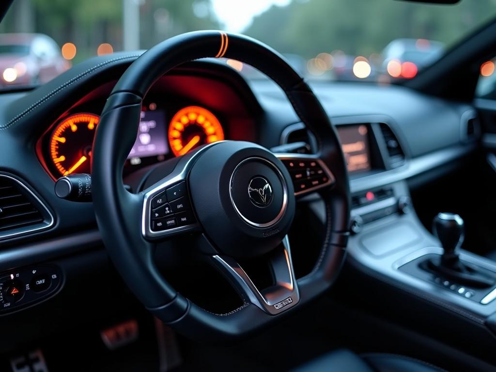 This image captures a sleek, modern car interior, focusing on a detailed view of the stylish steering wheel. The dashboard controls are prominently displayed, providing a sense of technology and luxury. Ambient lighting enhances the visual appeal, creating a sophisticated atmosphere. In the background, the gauges are subtly lit, adding to the overall aesthetic without overwhelming the viewer. The photograph invites the viewer to imagine the experience of driving this modern vehicle.