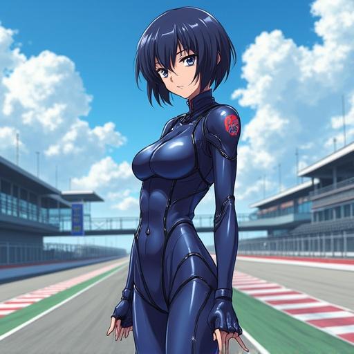 Anime-style drawing of a character from a famous series standing on a racing circuit. Character is in a futuristic racing suit. Background features a professional racing circuit.