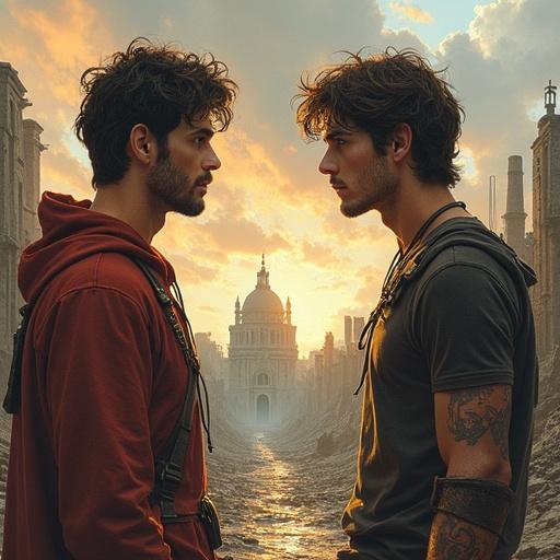 Drawing of two handsome young men facing each other in a ruined city. One has slanted eyes with a desire between them. The scene is filled with dramatic sky and destruction around.