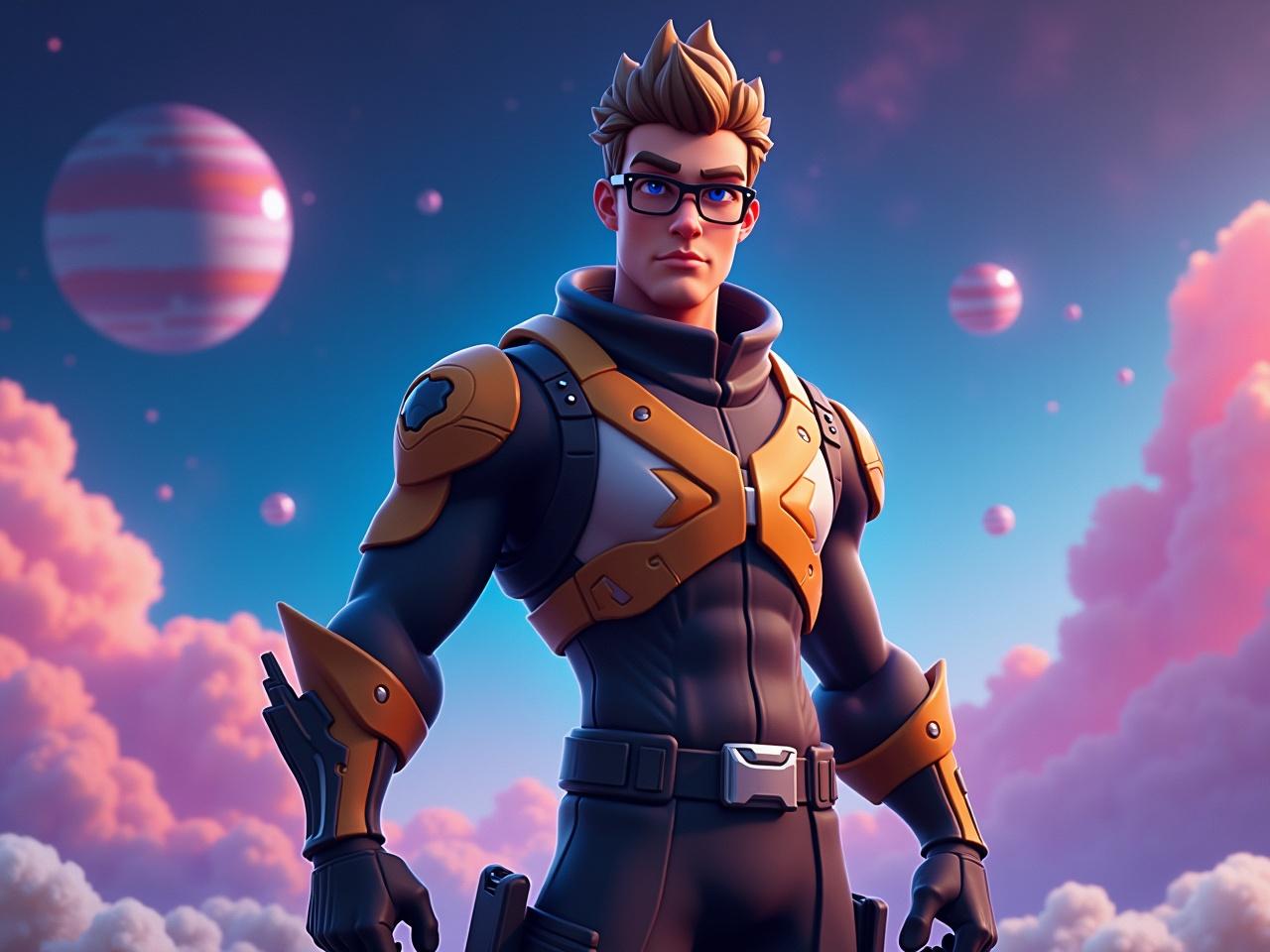 A stylized male character from Fortnite has fluffy brown hair and wears glasses. He stands confidently against a cosmic backdrop filled with vibrant planets and fluffy clouds. The character is dressed in futuristic clothing that reflects a high-tech aesthetic. He is holding a weapon, poised and ready for action. The colors of the cosmic scene provide a striking contrast to his outfit, enhancing the dramatic effect. This character embodies a sense of adventure and determination, ready to face any challenge in this expansive universe.