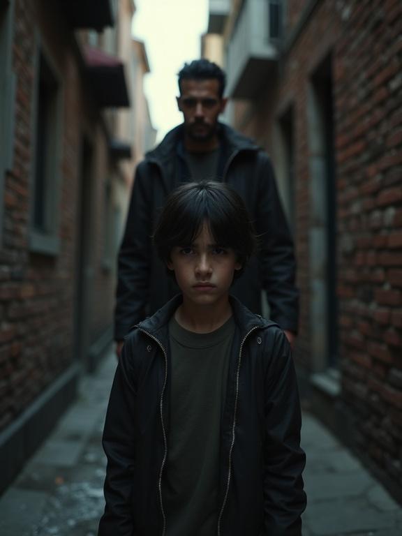 Photorealistic image of an eight-year-old Turkish male with dark hair standing in a dimly lit alleyway in Istanbul. Brick walls surround him. An older male stands behind him. Strong contrast lighting creates a moody atmosphere. The child expresses worry and fear. A gritty setting complements the scene.