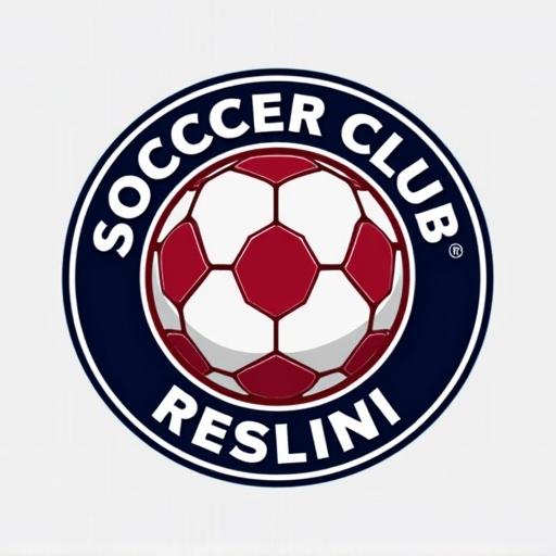 Logo design for a soccer club called Reslini. Features a prominent soccer ball in the center. Bold color scheme with red, white, and navy blue. Round shape with a clean and modern look.