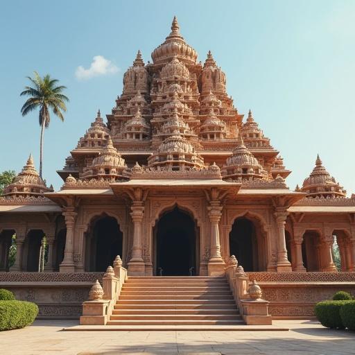 Photorealistic depiction of a modernized Indian temple. The temple features intricate carvings and a grand entrance with steps. Surrounded by green landscape with a palm tree. Bright sunlight illuminates the structure.