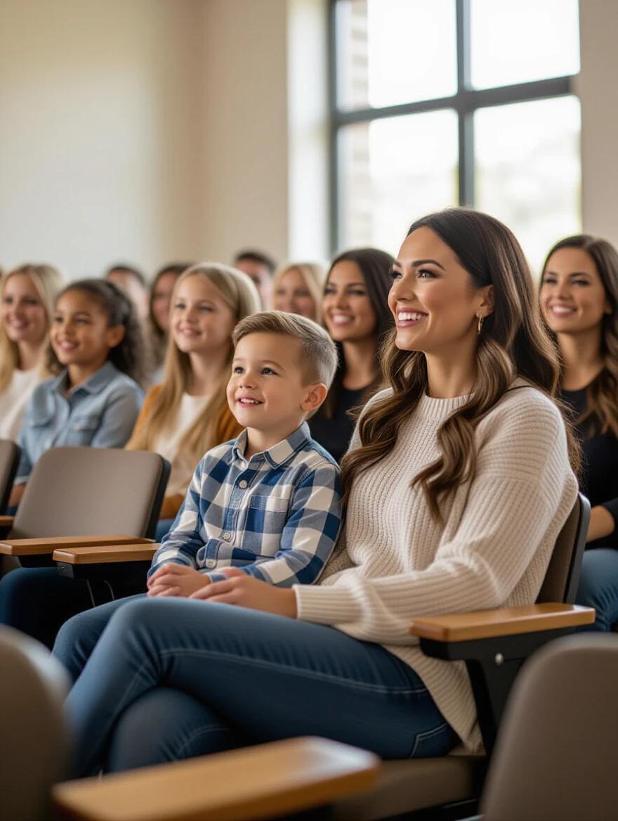 A young mother sits in an auditorium chair watching her son. The son is on stage ready for a presentation. The mother has a proud and loving expression. Other parents and children fill the auditorium. Natural light comes through the windows creating a warm atmosphere. High-quality photography with beautiful natural colors.