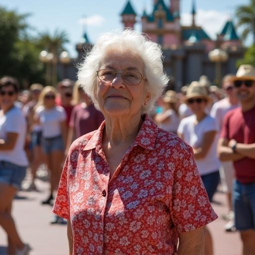 Group of 65 year old woman posing full body for a photo at Disneyland
