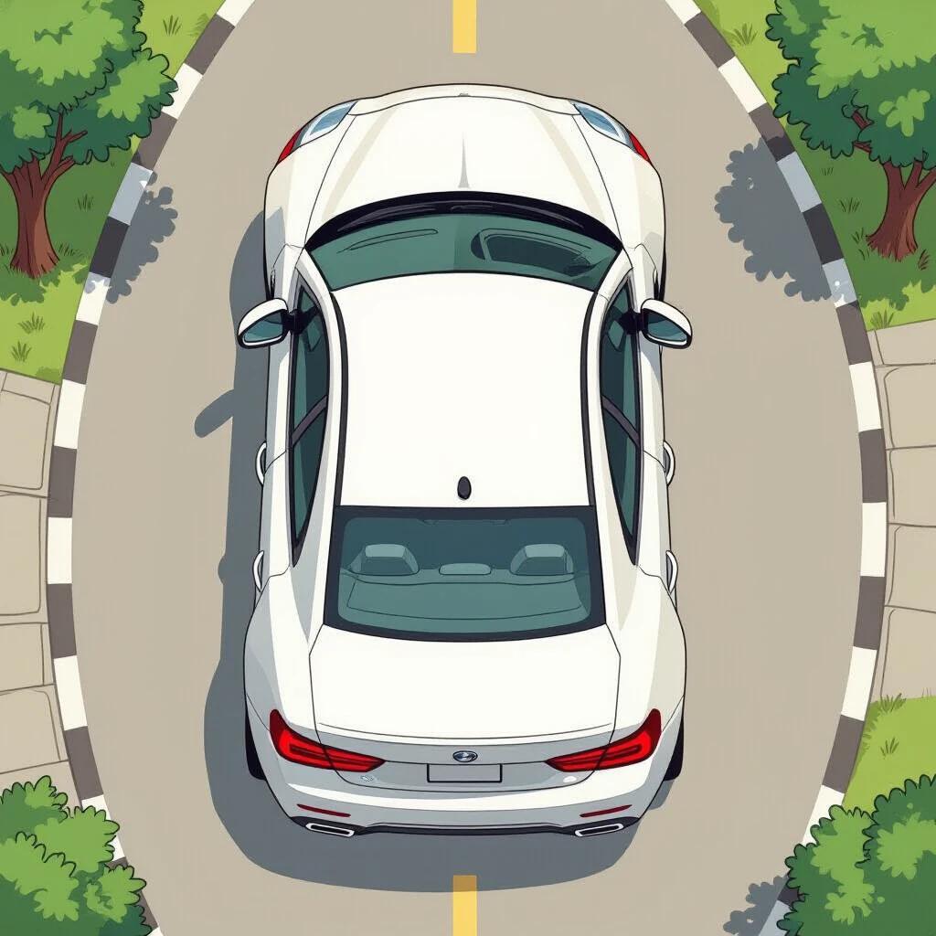 Cartoon car seen from above. Car is white. Surrounded by trees and road. Simple illustration style. No people or animals.