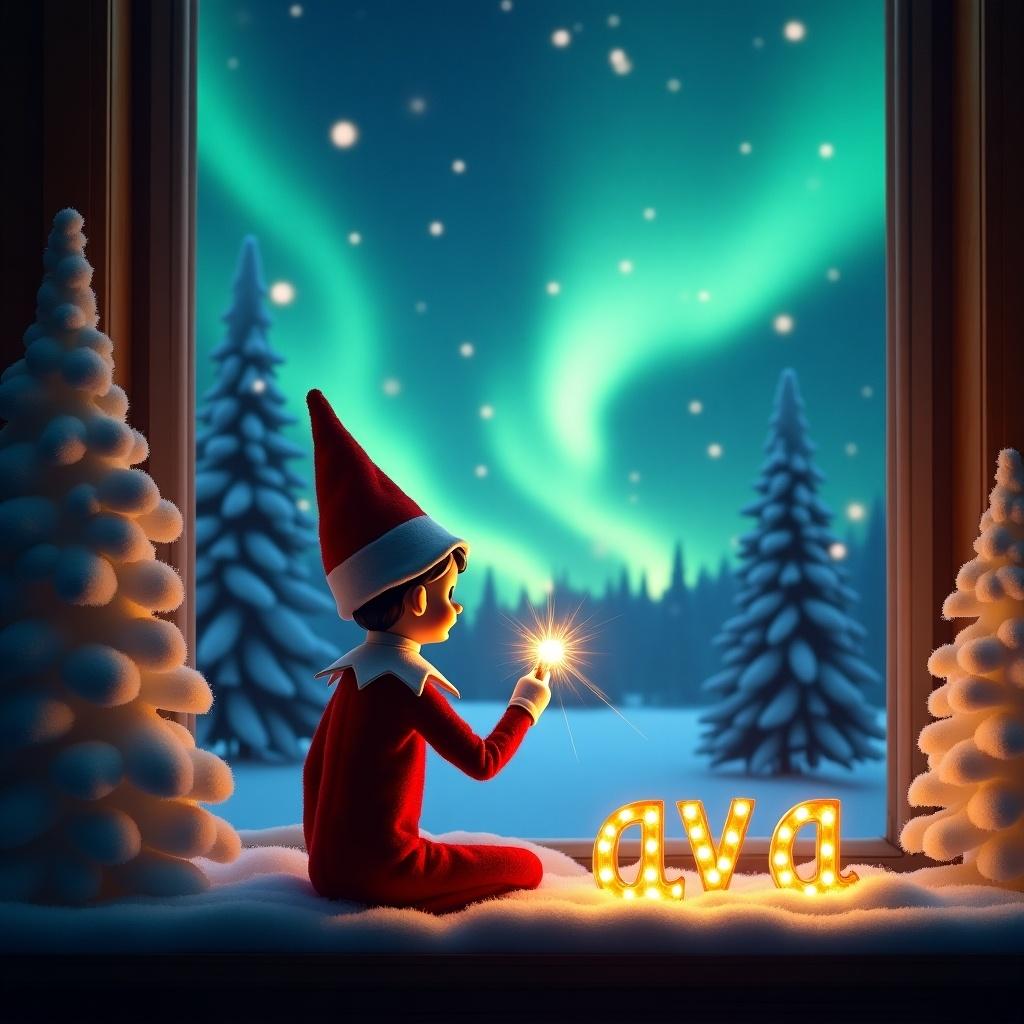 An elf on the shelf sits with back turned. The elf faces a vibrant night sky with northern lights. A sparkling wand is held while writing 'ava'. Snow-covered trees frame the scene. The image conveys a cozy Christmas mood.